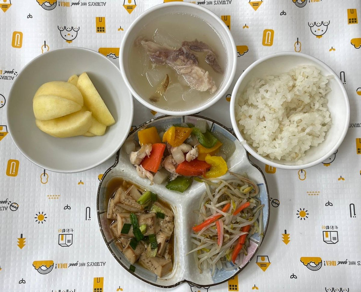彩椒雞肉片/麻婆豆腐/冬瓜排骨湯/胚芽米飯/時蔬青菜/季節水果