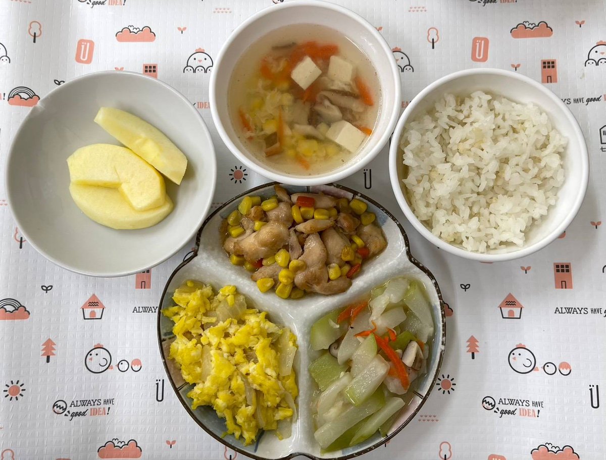 玉米炒雞丁/洋蔥炒蛋/蔬菜湯/時蔬青菜/胚芽米飯/季節水果
