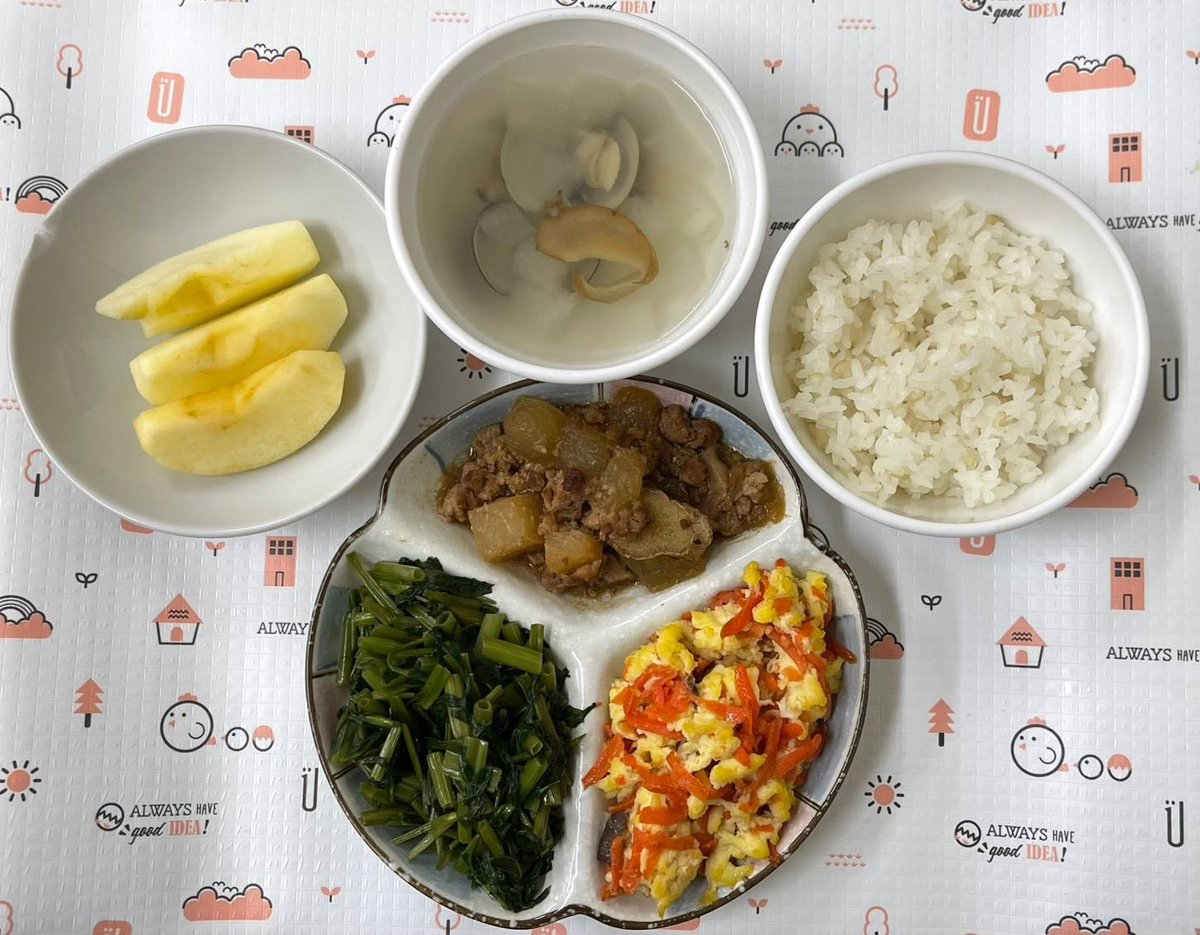 冬瓜燉肉/紅蘿蔔炒蛋/薑絲蛤蜊湯/胚芽米飯/時蔬青菜/季節水果