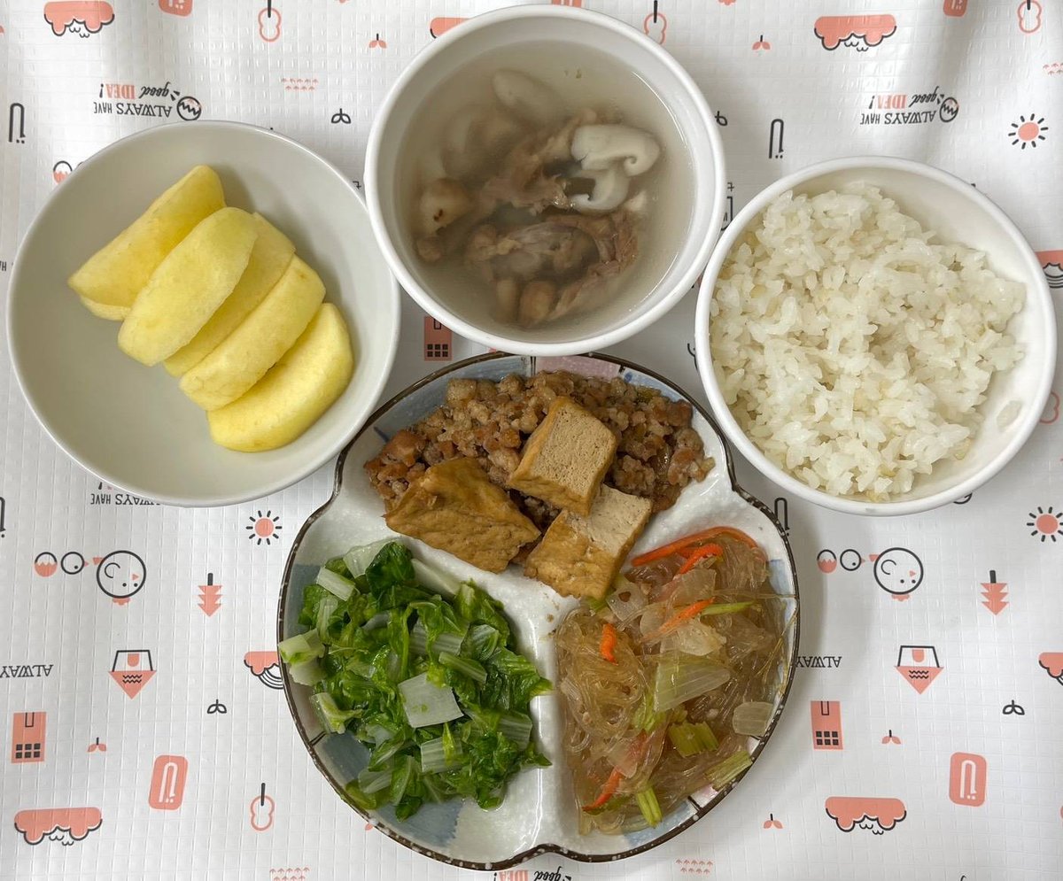 紅燒肉油豆腐/螞蟻上樹/香菇雞湯/胚芽米飯/時蔬青菜/季節水果