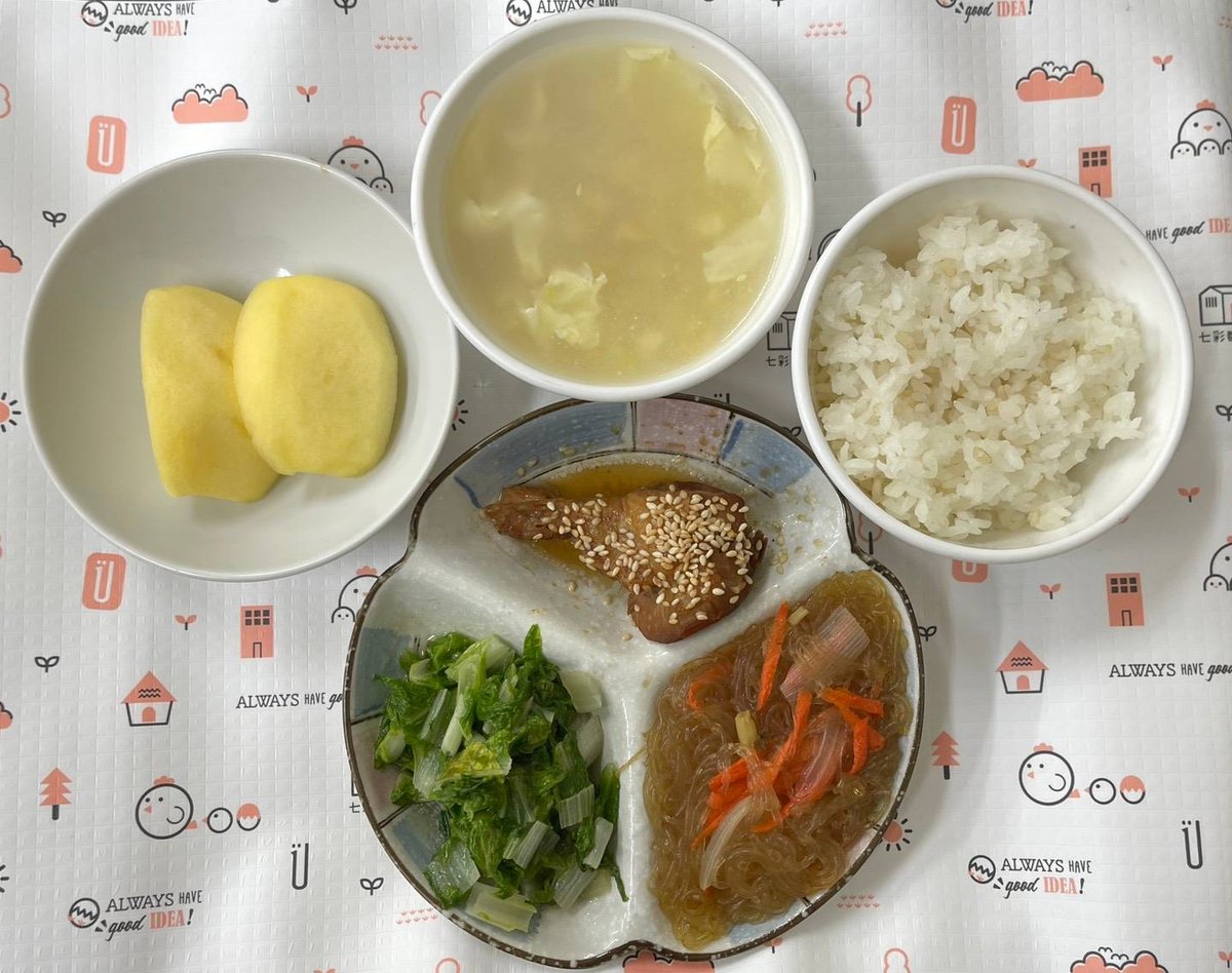 滷棒腿/螞蟻上樹/玉米濃湯/胚芽米飯/時蔬青菜/季節水果