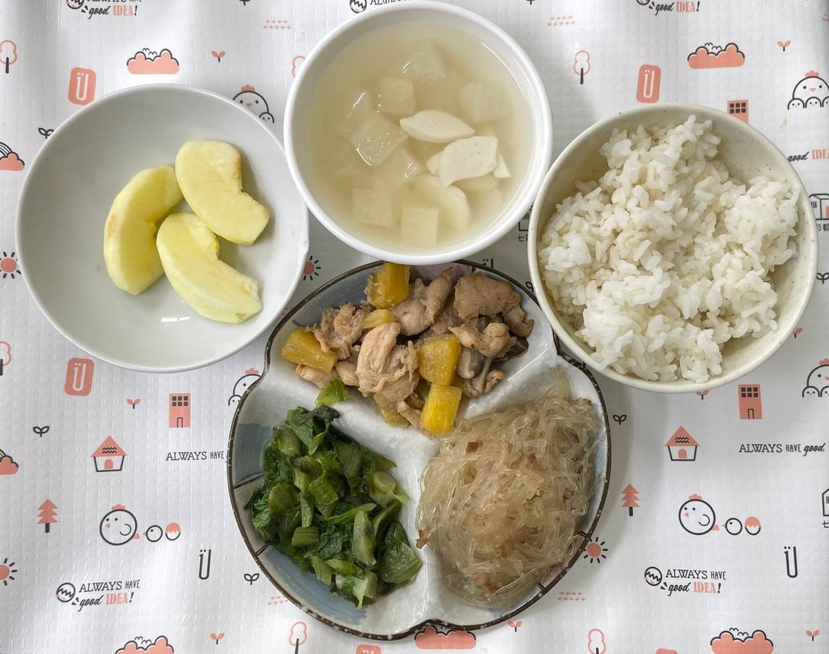 鳳梨雞肉片/螞蟻上樹/蘿蔔魚丸湯/胚芽米飯/時蔬青菜/季節水果